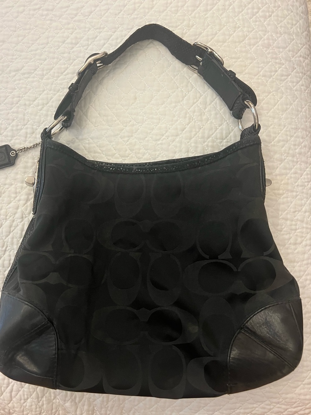COACH Black Signature Jacquard Hobo Bag Snakeskin Trim M1068-14525